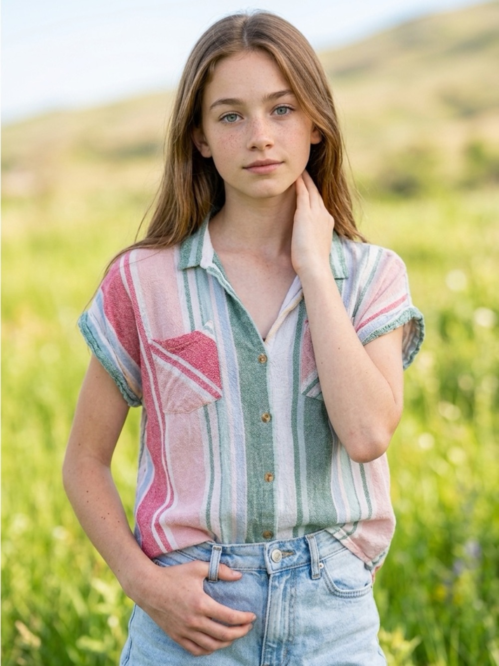 Striped Button-Front Short Sleeve Top Blouse - size M